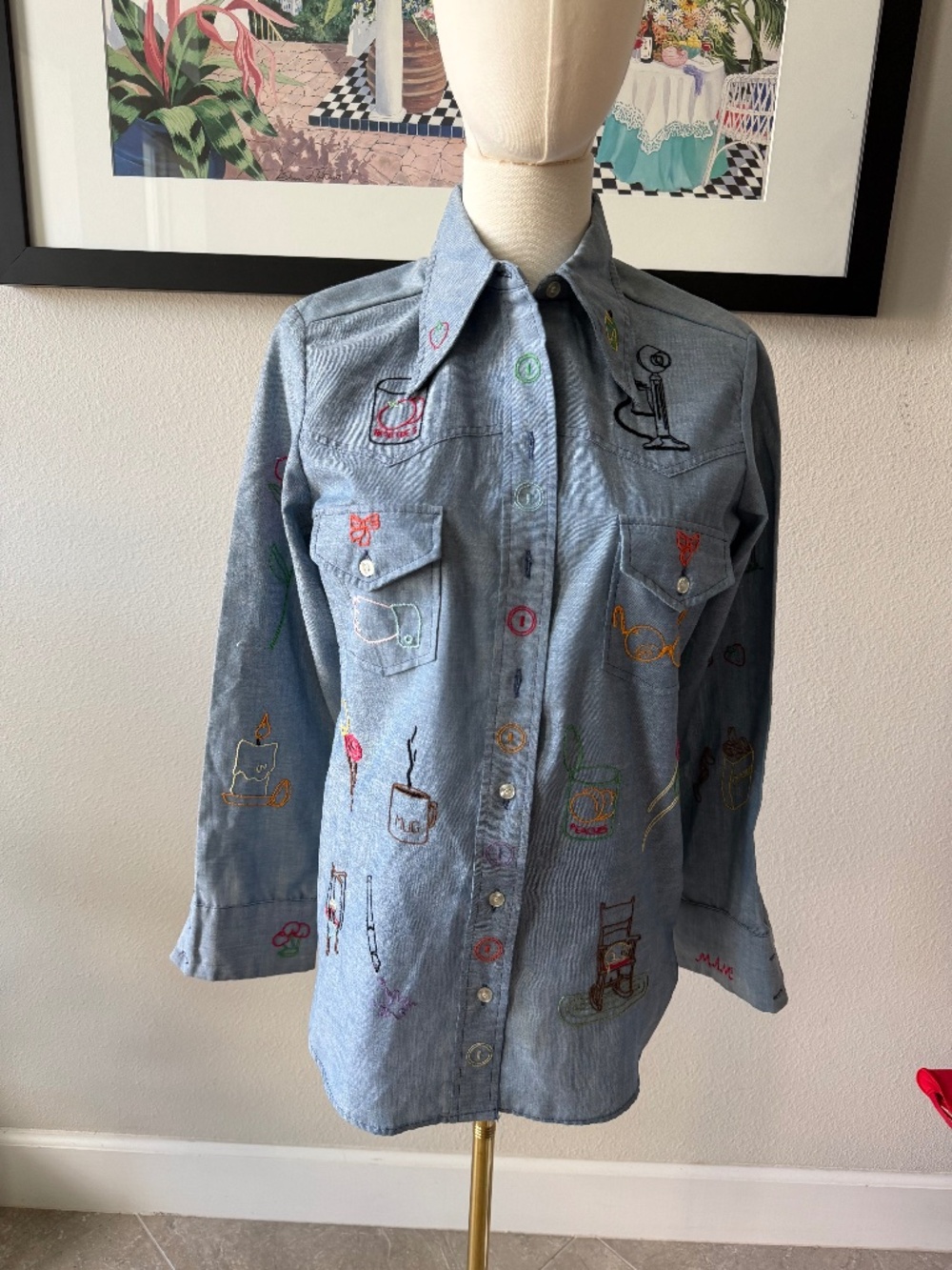 Vintage Wrangler Made in USA Denim Embroidery Button Up Shirt Sz 34 ONE OF KIND - Picture 2 of 9